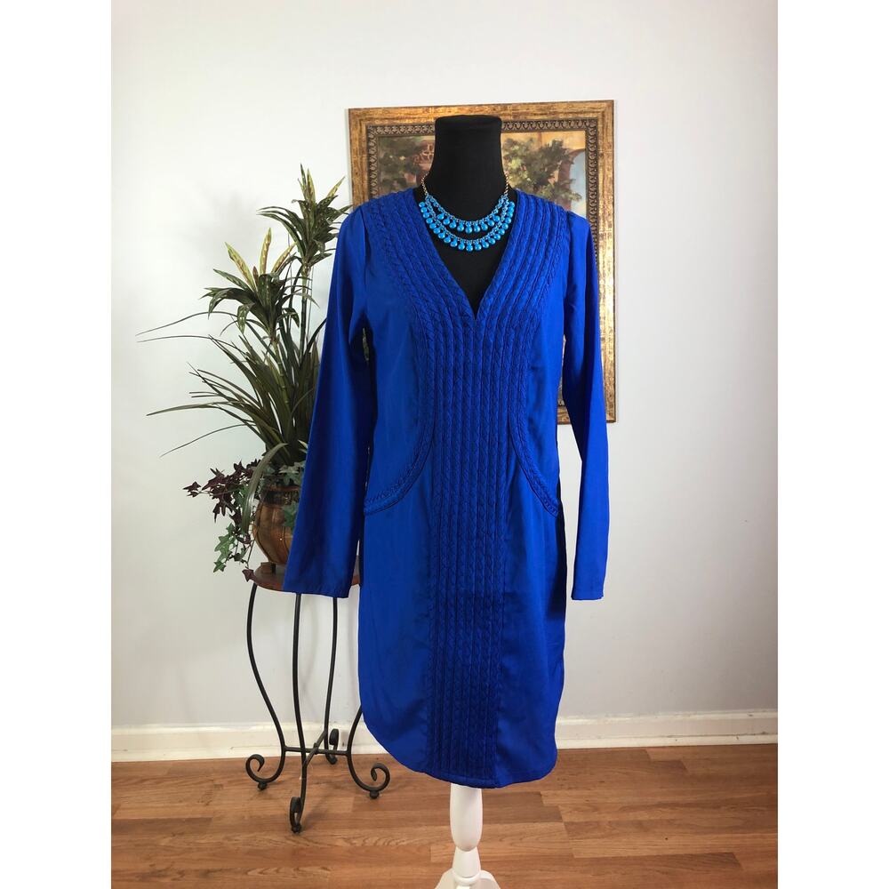 Charlie Jade Dress Women Small Blue Long‎ Sleeve Textured Boho Tunic Pocket